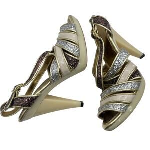 Kate‎ Kuba Size 7 Glitter High Heels Silver Gold Open Toe 4 inch Women's Shoes